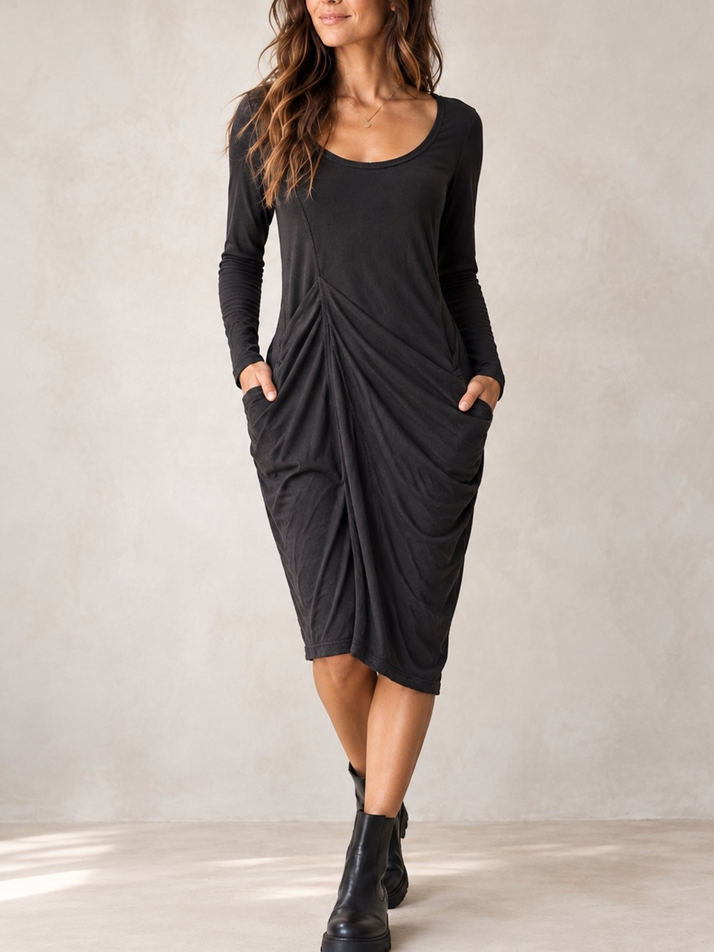 Pete & Greta Johnny Was Black Pima Cotton Cocoon Pocket Midi Dress Lagenlook L